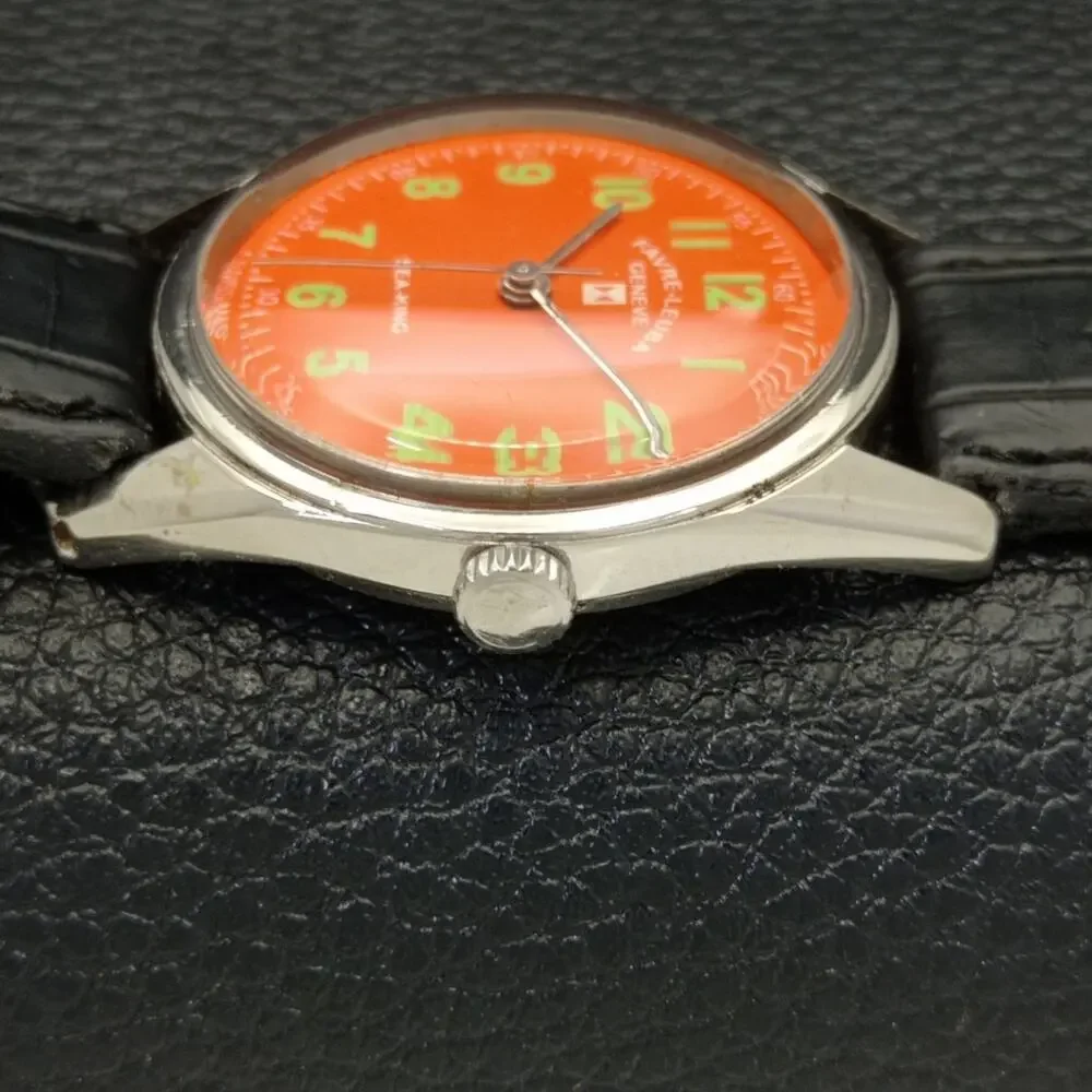 Vintage 1979 Favre Leuba Manual Mens Silver Watch W/Leather Strap